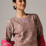 Dull Brown Chanderi Thread Work Kurti Set