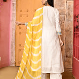 Ivory Neck Embroidered A-Line Kurta And Palazzo With Yellow Dupatta