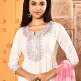 Ivory Neck Embroidered Kurta And Palazzo With Pink Dupatta