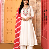 Ivory Neck Embroidered A-Line Kurta And Palazzo With Red Dupatta