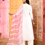 Ivory Neck Embroidered A-Line Kurta And Palazzo With Pink Dupatta