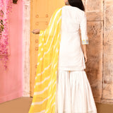Ivory Neck Embroidered Kurta And Gharara With Yellow Dupatta