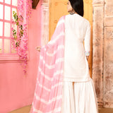 Ivory Neck Embroidered Kurta And Gharara With Pink Dupatta