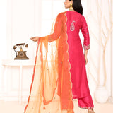 Pink Embroidered Straight Kurta And Palazzo With Orange Scalping Dupatta