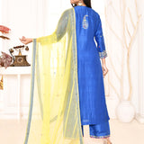 Blue Embroidered Straight Kurta And Palazzo With Yellow Scalping Dupatta
