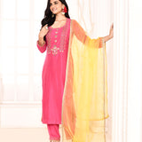 Rani Pink Embroidered Straight Kurta And Palazzo With Yellow Scalping Dupatta