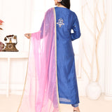 Dark Blue Embroidered Straight Kurta And Palazzo With Pink Scalping Dupatta
