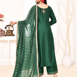 Dark Green Embroidered Straight Kurta And Palazzo With Dark Green Scalping Dupatta