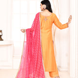 Orange Embroidered Straight Kurta And Palazzo With Pink Scalping Dupatta