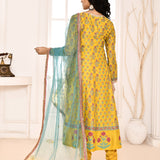 Golden Yellow Block Printed Anarkali And Churidar With Aqua Lace Finish Dupatta