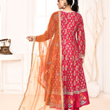 Pink Block Printed Anarkali And Churidar With Orange Lace Finish Dupatta