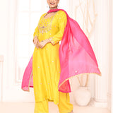 Yellow Hand Embroidery With Block Printed Straight Kurta And Palazzo
