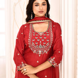 Red Hand Embroidery With Block Printed Straight Kurta And Palazzo