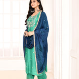 Green Hand Embroidered Straight Kurta And Palazzo With Navy Blue Dupatta