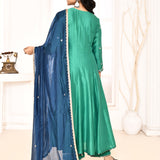 Dark Green Hand Embroidered Straight Kurta And Palazzo With Navy Blue Dupatta