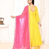 Yellow Hand Embroidered Straight Kurta And Palazzo With Pink Dupatta