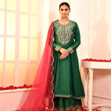 Green Embroidery Neck Anarkali And Gottalace Finish Flair Palazzo Set