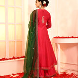 Red Embroidery Neck Anarkali And Gottalace Finish Flair Palazzo Set