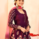 Purple Block Print With Embroidery Outing Kurta And Sharara Set