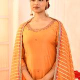 Orange Hand Embroidered Cotton Silk Kurta And Gharara Set