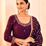 Purple Hand Embroidered Cotton Silk Kurta And Gharara Set