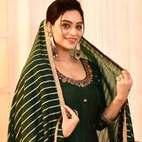 Green Hand Embroidered Cotton Silk Kurta And Gharara Set