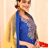 Blue Embroidered Cotton Silk Kurta And Gharara Set With Contrast Dupatta