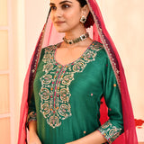 Green Hand Embroidered Cotton Silk Kurta And Gharara Set With Contrast Dupatta