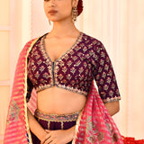 Purple Hand Embroidered Blouse And Foil Printed Lehenga Set