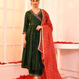 Green Hand Embroidered Kurta And Palazzo Set