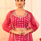 Magenta Block Printed With Neck Dori Embroidered Blouse And Foil Printed Lehenga Set