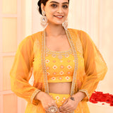 Yellow Block Printed With Neck Dori Embroidered Blouse And Foil Printed Lehenga Set