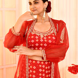 Red Block Printed With Neck Dori Embroidered Blouse And Foil Printed Lehenga Set