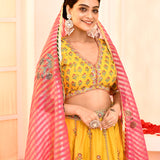 Yellow Hand Embroidered Blouse And Foil Printed Lehenga Set