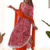 Pink Floral Anarkali Set With Orange Pant And Dupatta