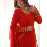 Red Anarkali Set With Matching Pant And Dupatta