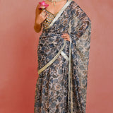 Beige Blue Georgette Readymade Saree With Floral Prints