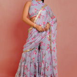 Grey Chiffon Ready-Made Saree With Floral Prints