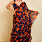 Midnight Blue Ready-Made Saree With Ruffles