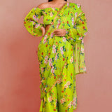 Green Georgette Ready-Made Saree With Floral Prints