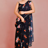 Black Georgette Ready-Made Saree With Floral Prints