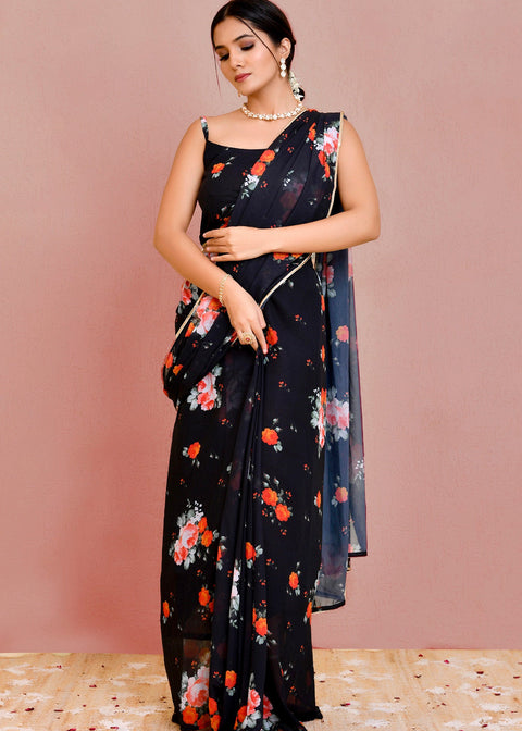 <img> black georgette ready made saree with floral prints