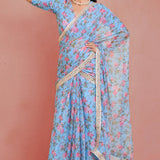 Blue Georgette Ready-Made Saree With Floral Prints