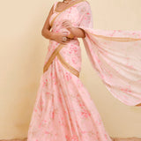 Pastel Pink Georgette Ready-Made Saree With Floral Prints