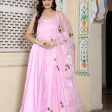 Baby Pink Satin Silk Anarkali Set With Floral Prints