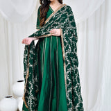 Bottle Green Silk Anarkali Set With Embroidered Dupatta