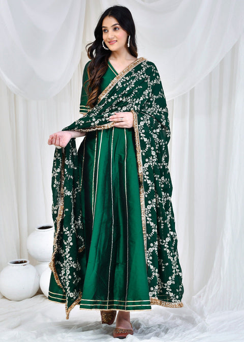 <img> Bottle Green Silk Anarkali Set With Embroidered Dupatta