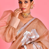 Beige Organza Saree With Floral Paint