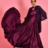 Wine Satin Draped Saree Gown With Embroidery Cape
