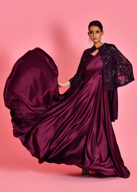 <img> Wine Satin Draped Saree Gown With Embroidery Cape